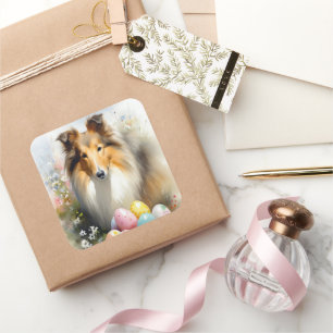 Ruwe Collie-hond met Pasen Eieren Vakantie Vierkante Sticker