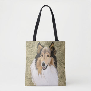 Ruwe Collie op een bruine Floral achtergrond Draagtas