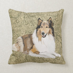 Ruwe Collie op een bruine Floral achtergrond Kussen
