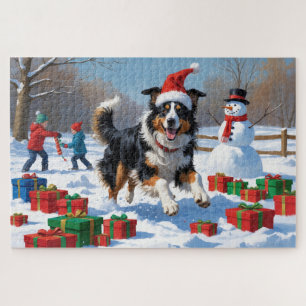 Ruwe Collie Rent in Sneeuw met Kerstmuts Legpuzzel