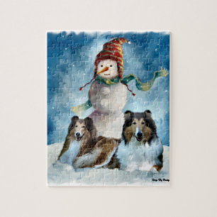 Ruwe Collies met Snowman Kerstmis Legpuzzel