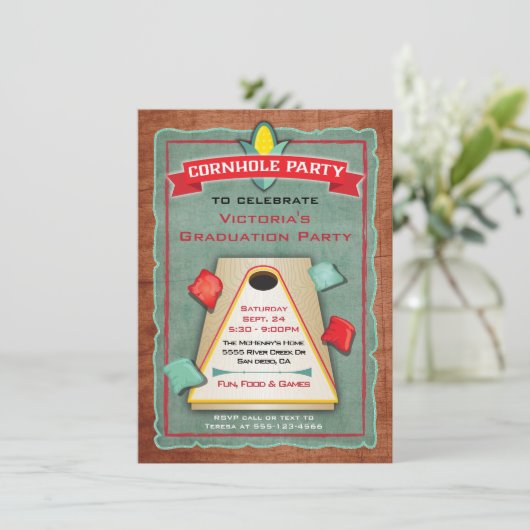 Ruwe Cornhole Bean Bag Toss Feest Uitnodiging (Staand voorkant)