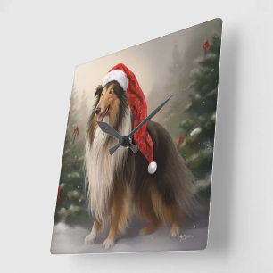 Ruwharige Collie Hond in Sneeuw Kerstmis Vierkante Klok