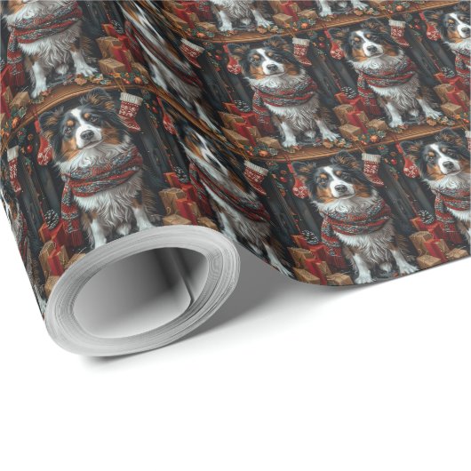 Ruwharige Collie Hond met Kerstcadeaus Haardvuur Cadeaupapier (Rol Hoek)