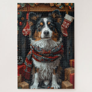 Ruwharige Collie Hond met Kerstcadeaus Haardvuur Legpuzzel