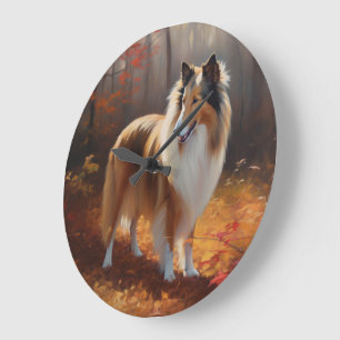 Ruwharige Collie in herfstbladeren val inspireren Grote Klok