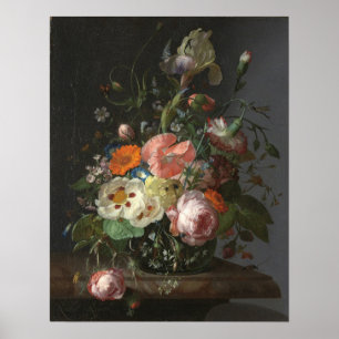 Ruysch - Stilleven met bloemen op een marmeren taf Poster