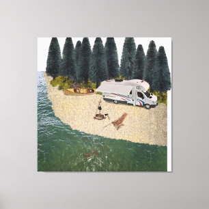 RV Camper in het bos aan het water Canvas Afdruk
