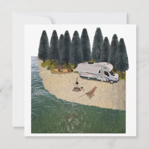 RV Camper in het bos aan het water Feestdagenkaart