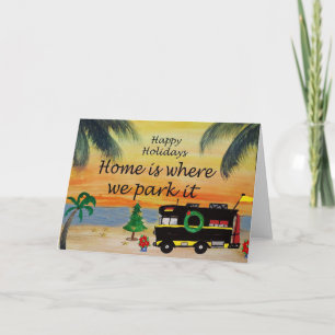 RV-vakantiekerstcamper op strand zonsondergang kaa Kaart