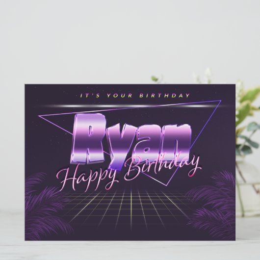 Ryan Name Vorname lila retro Karte Geburtstag Kaart (Staand voorkant)