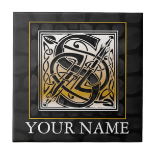 S "Jouw naam" Celtic Black Stone Monogram Tile Tegeltje