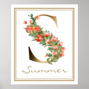 S Letter Gold Monogram Oranje bloemen Poster