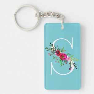 S Letter Initiële Monogram Bloem Kleur op Maat Sleutelhanger