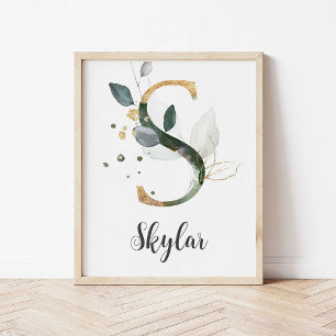 S Letter Monogram Groen Kwekerij Naam Muur Print