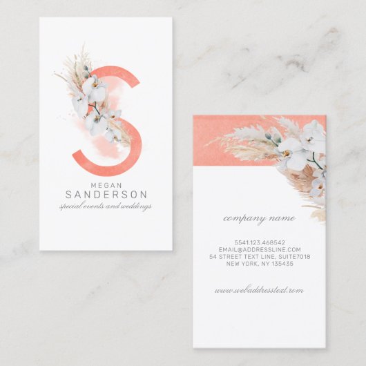 S Letter Monogram White Orchids and Pampas Grass Visitekaartje (Voorkant / Achterkant)