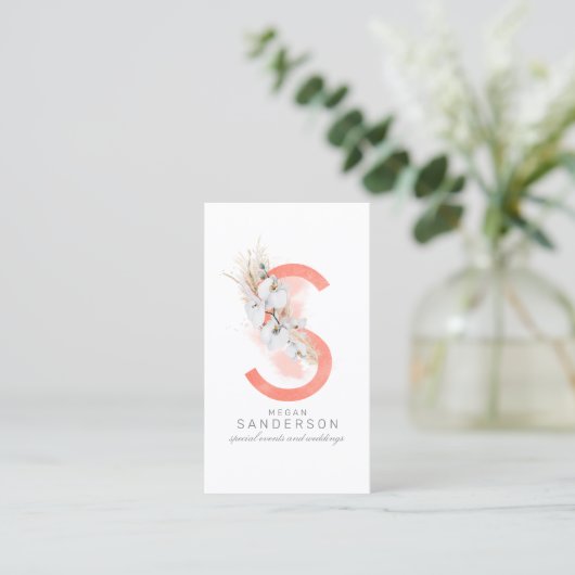 S Letter Monogram White Orchids and Pampas Grass Visitekaartje (Staand voorkant)