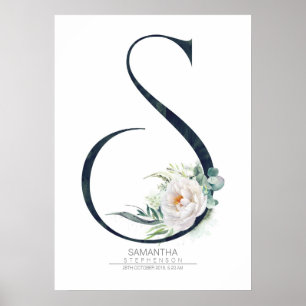 S Letter Monogram Witte Bloemen en Groene Bladeren Poster
