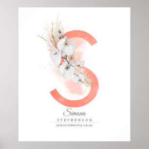 S Letter Monogram Witte Orchideeën en Pampagras Poster