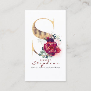 S Monogram Bourgondische rode bloemen en gouden gl Visitekaartje