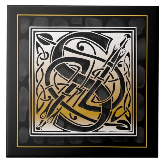 S Monogram Celtic Black Stone keramische Tegels Tegeltje (Voorkant)
