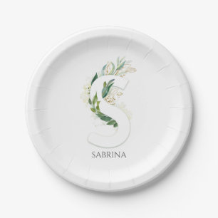 S Monogram Goud Groene Bladeren Elegante Naam Papieren Bordje