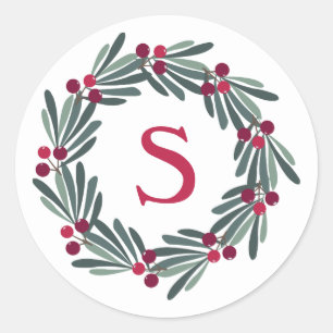 "S" Monogram Holly Berry Wreath Ronde Sticker