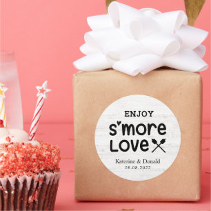 S’more Love Mariage Sticker rond en bois blanc