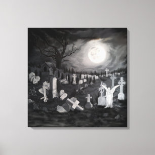 's Nachts op het kerkhof - Angel met Devil Canvas Afdruk