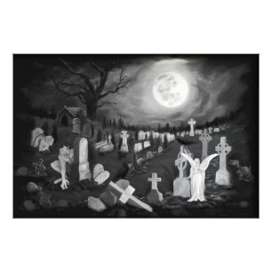 's Nachts op het kerkhof - Angel met Devil Foto Afdruk