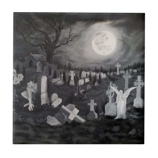 's Nachts op het kerkhof - Angel met Devil Tegeltje (Voorkant)