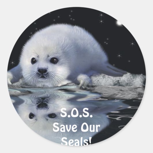 S.O.S. BESPAAR ONZE HARP SEALS RONDE STICKER (Voorkant)