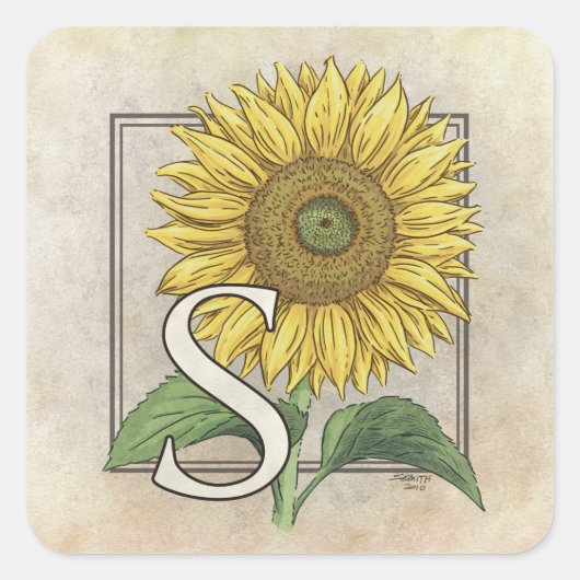 S voor Zonnebloem Monogram Art Vierkante Sticker (Voorkant)