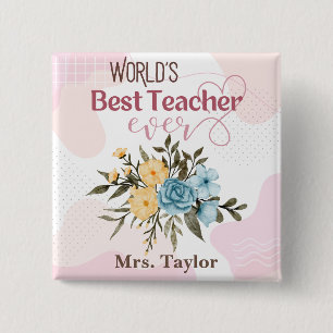 's Werelds beste leraar ooit Floral gepersonalisee Vierkante Button 5,1 Cm