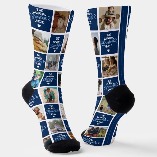 's Werelds grootste Oom Blue Photo Collage Socks Sokken (Gebogen)