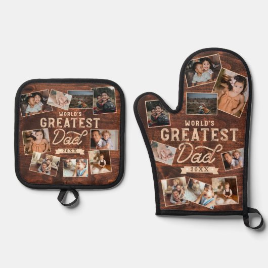 's Werelds Grootste Papa Woodgrain Nine Fotocollag Ovenwant & Pannenlap Set (Voorkant)