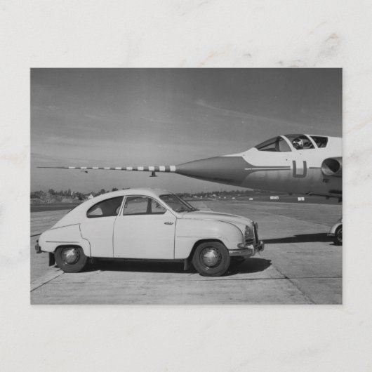Saab 93b 1958 zwart-wit foto briefkaart (Voorkant)