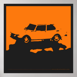 Saab 99 EMS - Orange sur affiche noire au charbon 
