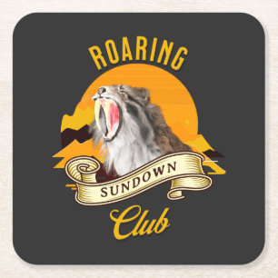 Sabeltandtijger Retro Zonsondergang Avonturenclub Vierkante Kartonnen Onderzetter