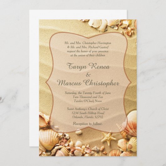 Sable de plage Seashell 5x7 Faire-part de mariage (Devant / Derrière)