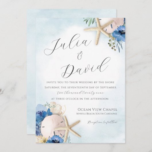 Sable Dollar Blue Floral Beach Mariage Invitation (Devant / Derrière)