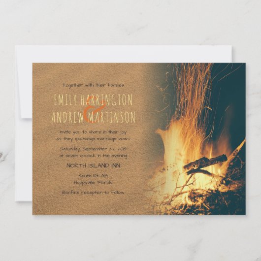 Sable et feu Bonfire Plage Mariage Invitations (Devant)