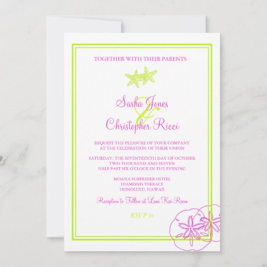 Sable+Mer/citron vert+fuschia/ Invitations de mari (Dos)