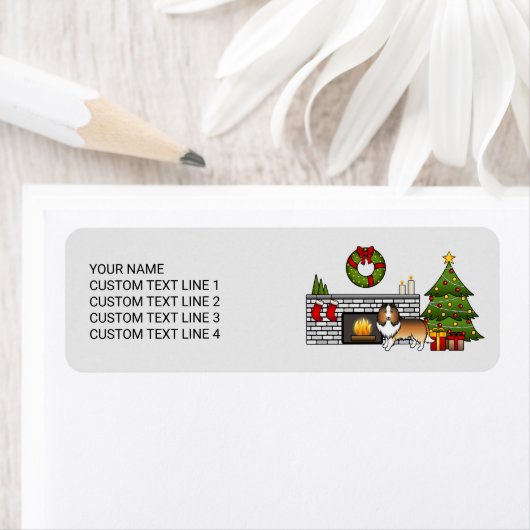 Sable Sheltie Dog in een kerstruimte en tekst Etiket (Insitu)