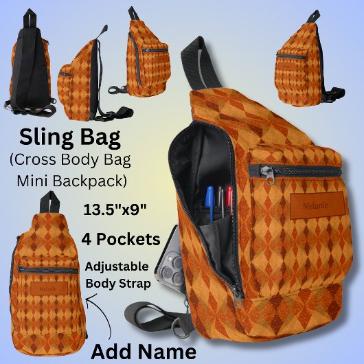 Sac À Bandoulière Ajouter Nom, Orange Brown Automne Tones de Terre A