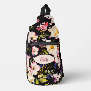 Sac À Bandoulière Aquarelle rose Roses jaunes sur noir, Monogramme