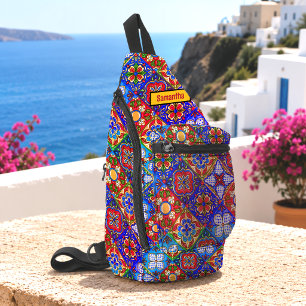 Sac À Bandoulière Carreau de Talavera Mexicain Rouge Jaune Élégant M