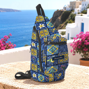 Sac À Bandoulière Carreaux d'art élégants bleu sarcelle sicilien Cit