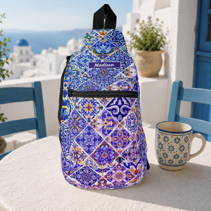 Sac À Bandoulière Carreaux Floraux Bleu Violet Méditerranéen Mexicai