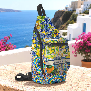Sac À Bandoulière Carreaux Floraux de Citron Bleu Turquoise Sicilien